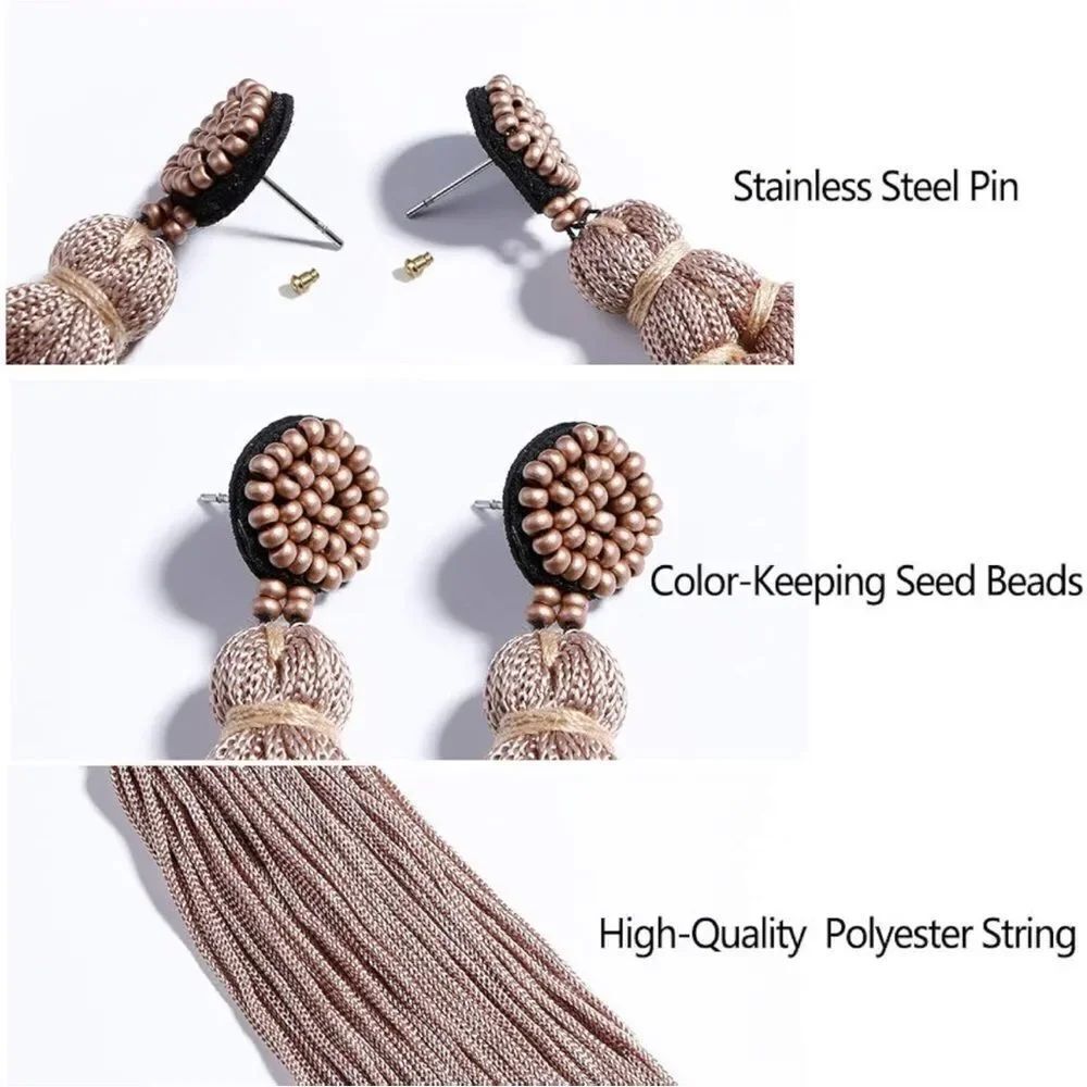 Long Yellow Hand Woven Tassel Knot Fringe Boho Dangling Drop Post Back Earrings - Picture 6 of 6